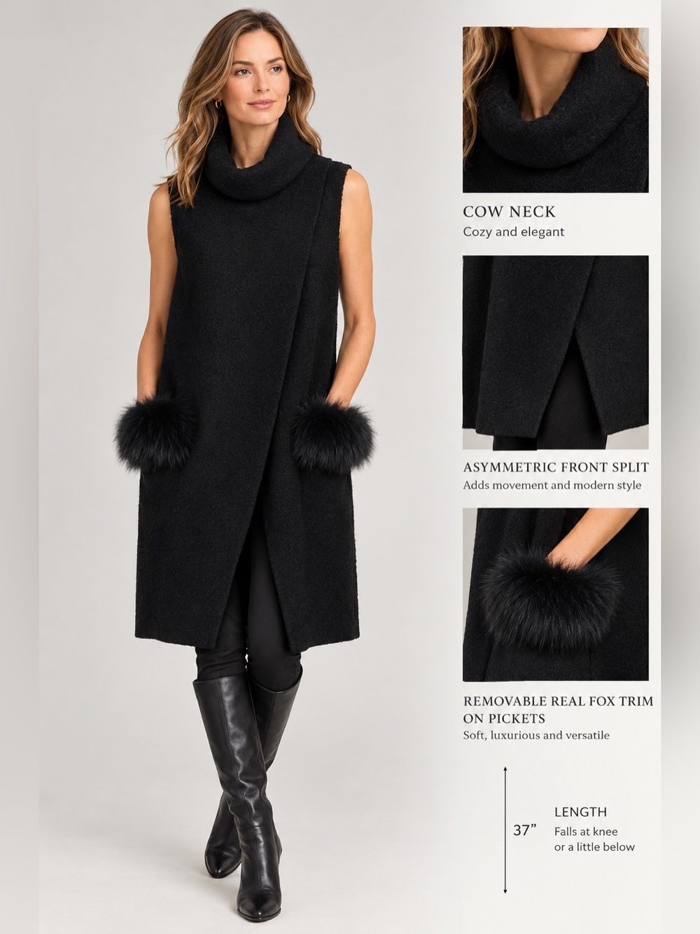 NWOT Rudsak rabbit fox wool blend sleeveless wrap vest cardigan poncho